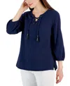 JM COLLECTION WOMEN'S COTTON GAUZE TASSELED LACE-UP TOP, CREATED FOR MACY'S