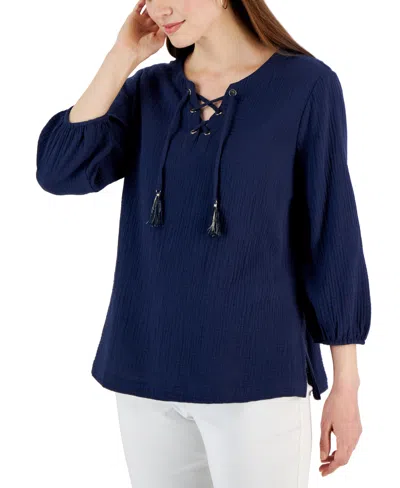 Jm Collection Women's Cotton Gauze Tasseled Lace-up Top, Created For Macy's In Intrepid Blue