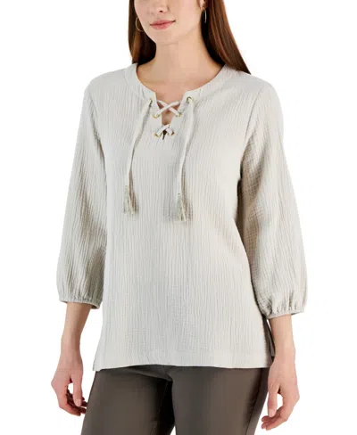 Jm Collection Women's Cotton Gauze Tasseled Lace-up Top, Created For Macy's In Stonewall
