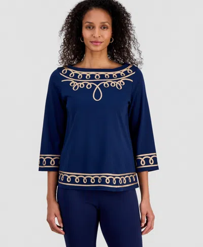 Jm Collection Women's Cotton Soutache 3/4-sleeve Top, Macy's Exclusive In Blue