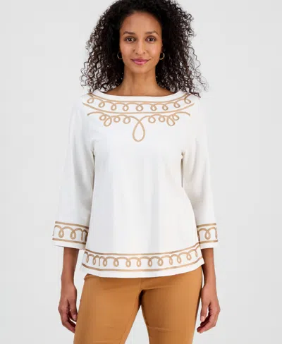 Jm Collection Women's Cotton Soutache 3/4-sleeve Top, Macy's Exclusive In White