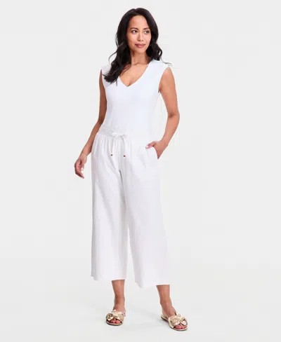 Jm Collection Women's Cropped Drawstring Line-blend Wide-leg Pants, Macy's Exclusive In White