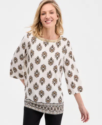 Jm Collection Women's Embellished 3/4-sleeve Crepe Top, Macy's Exclusive In Animal Print