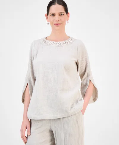 Jm Collection Women's Embellished Cotton Gauze Top, Exclusively At Macy's