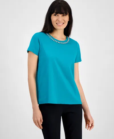 Jm Collection Women's Embellished Cotton Polished T-shirt, Exclusively At Macys In Neo Jade Combo