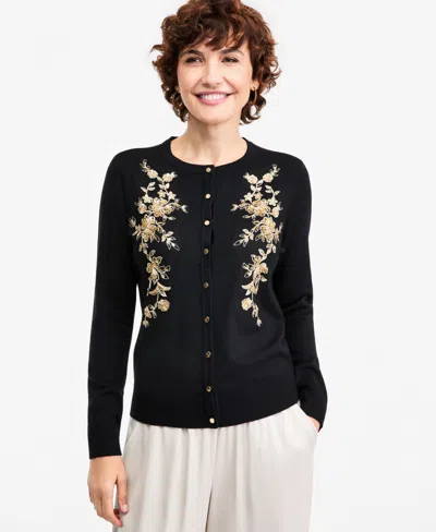 Jm Collection Women's Embellished Floral Applique Button-front Cardigan, Macy's Exclusive In Deep Black