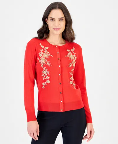 Jm Collection Women's Embellished Floral Applique Button-front Cardigan, Macy's Exclusive In Real Red