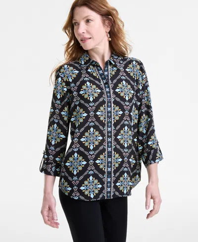 Jm Collection Women's Embellished-placket Button-front Shirt, Exclusively At Macy's In Deep Black
