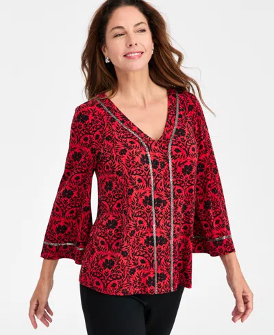 Jm Collection Women's Embellished Print Top, Macy's Exclusive In Red