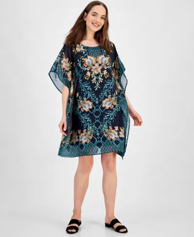 Jm Collection Women's Embellished Printed Caftan Dress, Created For Macy's In Intrepid Blue Combo