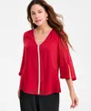 Jm Collection Women's Embellished V-neck 3/4-sleeve Blouse, Macy's Exclusive In Red