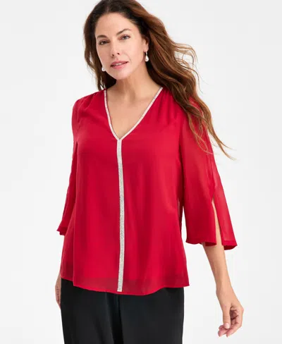 Jm Collection Women's Embellished V-neck 3/4-sleeve Blouse, Macy's Exclusive In Red