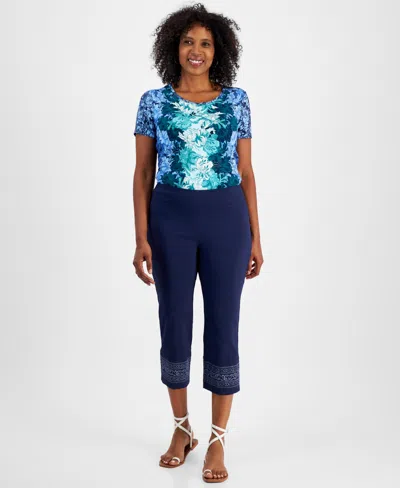 Jm Collection Women's Embroidered-hem Capri Pants, Created For Macy's In Intrepid Blue Combo