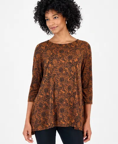 Jm Collection Women's Floral 3/4-sleeve Swing Top, Macy's Exclusive In Brown