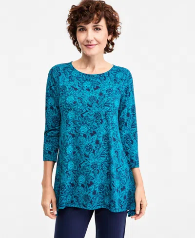 Jm Collection Women's Floral 3/4-sleeve Swing Top, Macy's Exclusive In Blue