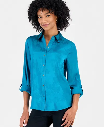 Jm Collection Women's Floral Jacquard Roll-tab Long-sleeve Blouse, Macy's Exclusive In Blue