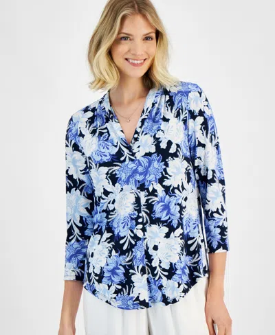 Jm Collection Women's Floral-print 3/4 Sleeve Pleated-neck Top, Created For Macy's In Intrepid Blue Combo