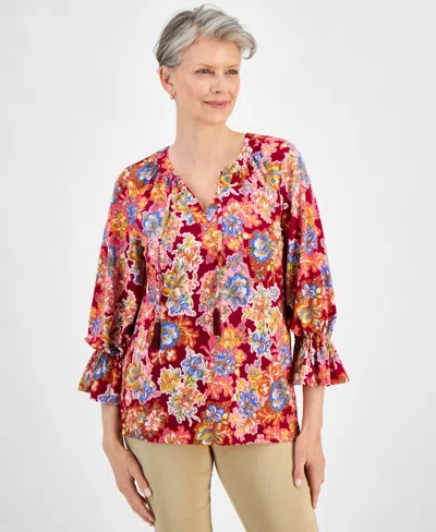 Jm Collection Women's Floral Print 3/4 Sleeve Ruffled-cuff Top, Created For Macy's In Ruby Slippers Combo