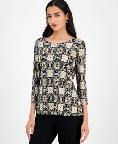Jm Collection Women's Floral Print 3/4-sleeve Scoop-neck Jacquard Top In Black