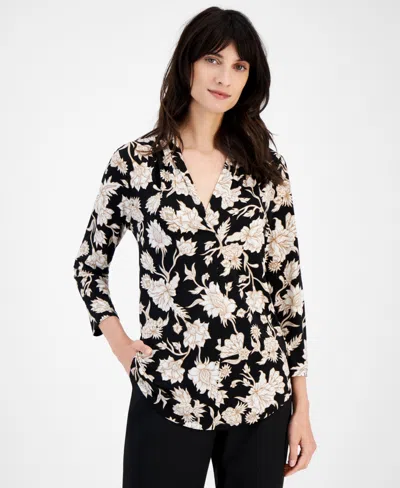 Jm Collection Women's Floral-print 3/4-sleeve V-neck Top, Created For Macy's In Deep Black Combo