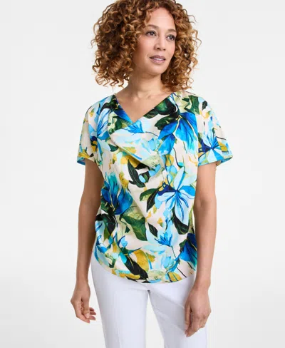 Jm Collection Women's Printed Cowl Neck Mixed-media Top, Exclusively At Macy's In Beige Creme