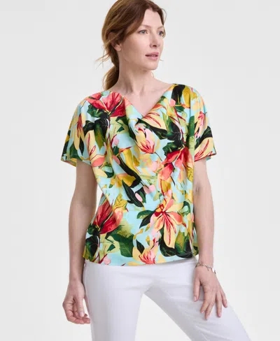 Jm Collection Women's Printed Cowl Neck Mixed-media Top, Exclusively At Macy's In Teal Spark