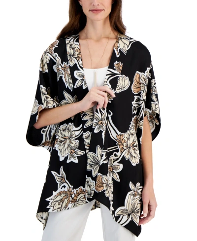 Jm Collection Women's Floral-print Open-front Kimono Jacket, Created For Macy's In Deep Black Combo