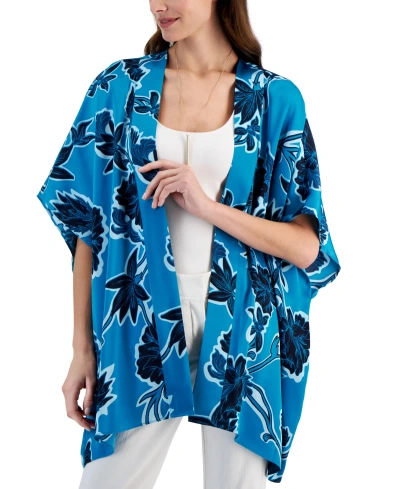 Jm Collection Women's Floral-print Open-front Kimono Jacket, Created For Macy's In Seafrost Combo