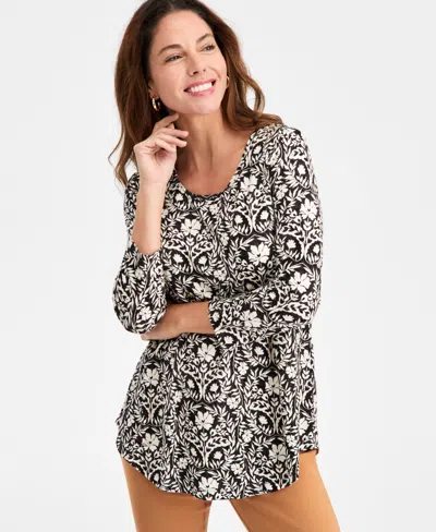 Jm Collection Women's Floral-print Round-hem Top, Macy's Exclusive In Black