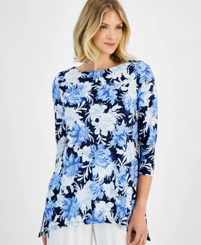 Jm Collection Women's Floral-print Swing 3/4 Sleeve Top, Created For Macy's In Intrepd Blue Cb