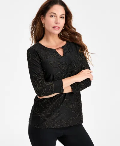 Jm Collection Women's Floral Shine Keyhole Jacquard Top, Macy's Exclusive In Black