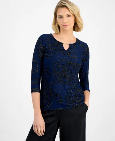 Jm Collection Women's Floral Shine Keyhole Jacquard Top, Macy's Exclusive In Blue