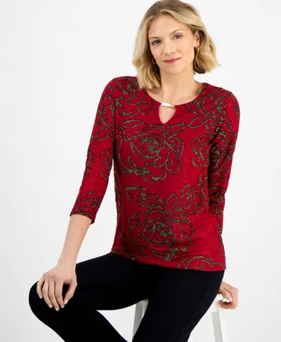 Jm Collection Women's Floral Shine Keyhole Jacquard Top, Macy's Exclusive In Red