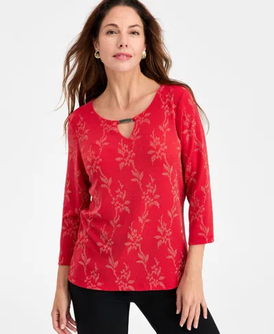 Jm Collection Women's Floral Shine Party Jacquard Top, Macy's Exclusive In Red