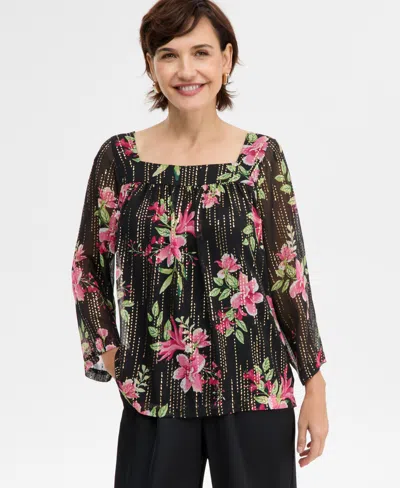 Jm Collection Women's Floral Shine Square-neck Top, Macy's Exclusive In Black