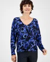 Jm Collection Women's Floral V-neck Long-sleeve Sweater Top, Macy's Exclusive In Blue