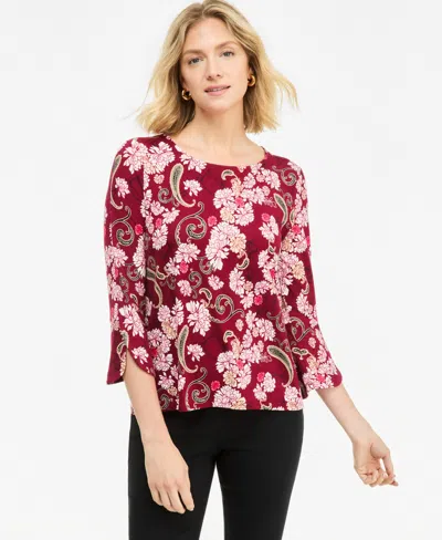 Jm Collection Women's Floral-print 3/4-sleeve Tulip Top, Macy's Exclusive In Cherry Pie