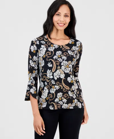 Jm Collection Women's Floral-print 3/4-sleeve Tulip Top, Macy's Exclusive In Deep Black