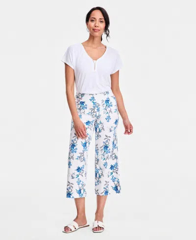 Jm Collection Women's Floral-print Wide-leg Capri Pants, Macy's Exclusive In Blue