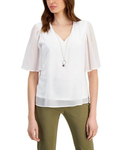 Jm Collection Petite V-neck Flutter-sleeve Necklace Top, Created For Macy's In Bright White