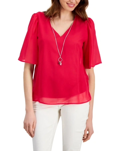 Jm Collection Women's Flutter-sleeve Necklace Top, Created For Macy's In Claret Rose