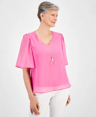 Jm Collection Petite V-neck Flutter-sleeve Necklace Top, Created For Macy's In Phlox Pink