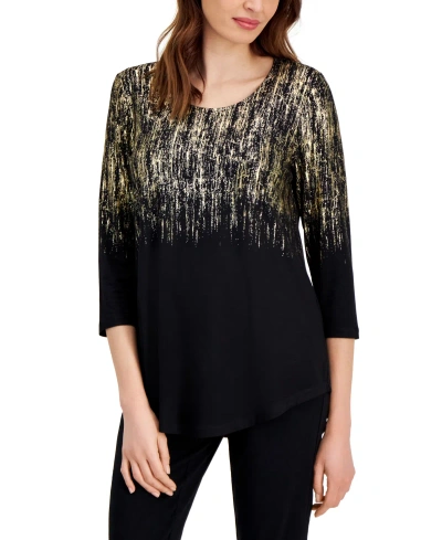 Jm Collection Women's Foil-print Knit 3/4-sleeve Top, Created For Macy's In Gold