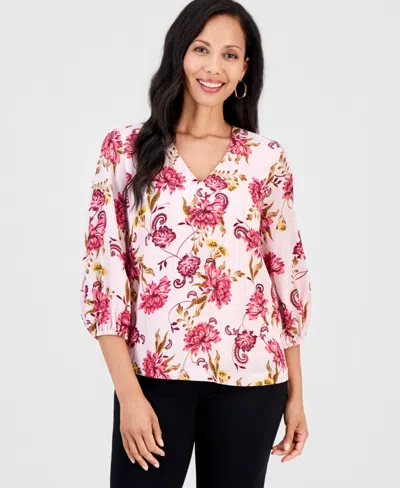 Jm Collection Women's Garden Floral Shine V-neck 3/4-sleeve Top, Macy's Exclusive In Floral Innuendo