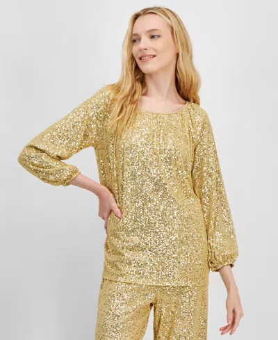 Jm Collection Women's Sequin Boat-neck Top, Created For Macy's In Coffee Cake