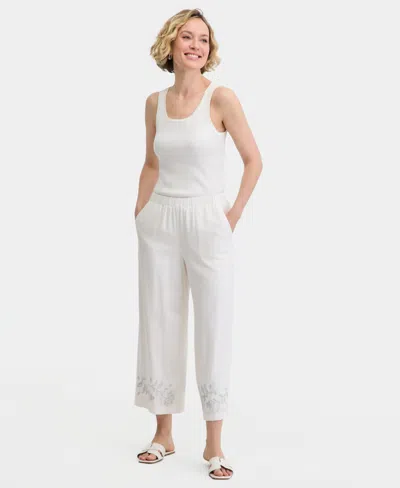 Jm Collection Women's High-rise Embroidered Linen-blend Cropped Pants, Macy's Exclusive In White
