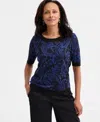 Jm Collection Women's Jacquard Crewneck Elbow-sleeve Sweater, Macy's Exclusive In Blue