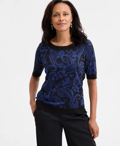 Jm Collection Women's Jacquard Crewneck Elbow-sleeve Sweater, Macy's Exclusive In Blue
