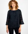 Jm Collection Women's Jacquard Lace-trim Blouse, Exclusively At Macy's In Black