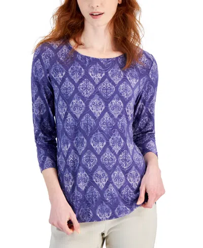 Jm Collection Women's Jacquard-print Knit Top, Created For Macy's In Blueberry Crisp Combo